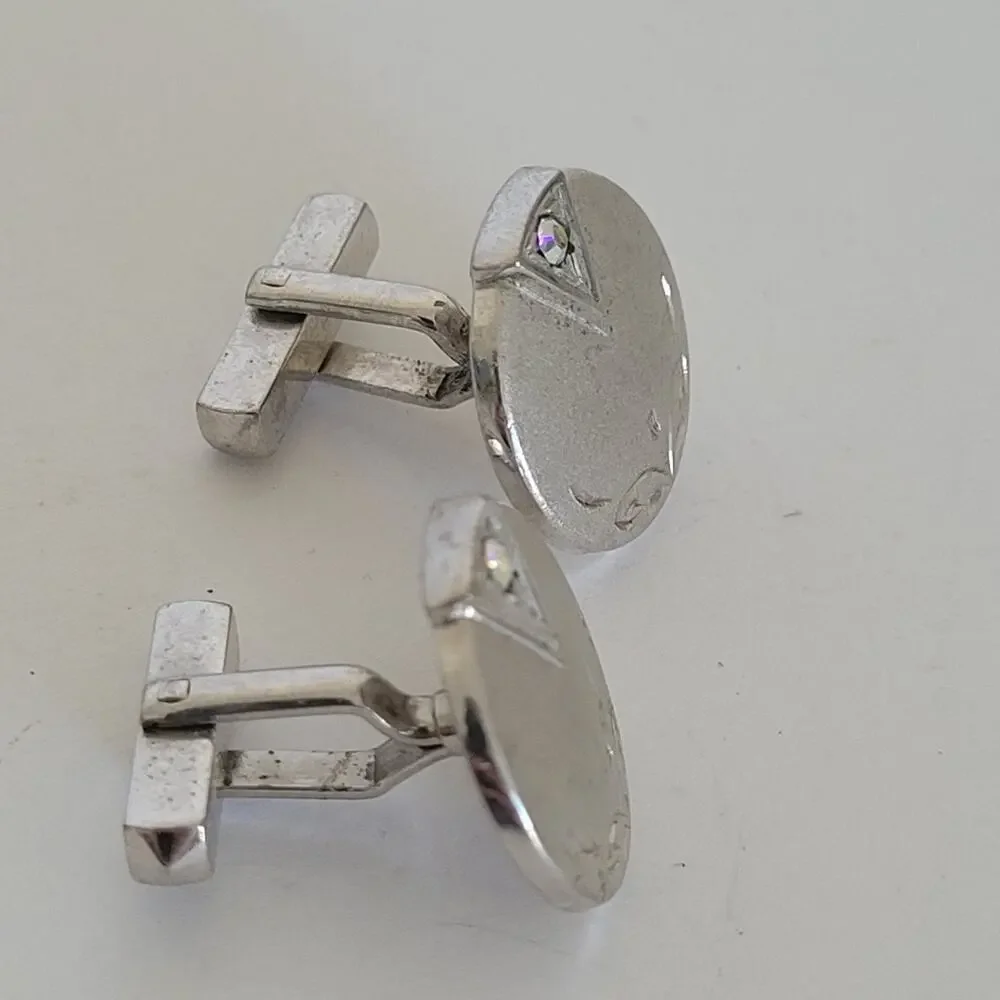 Silver Tone Cufflinks Vintage Round Retro Art Deco Circonia‎ Unbranded Quality